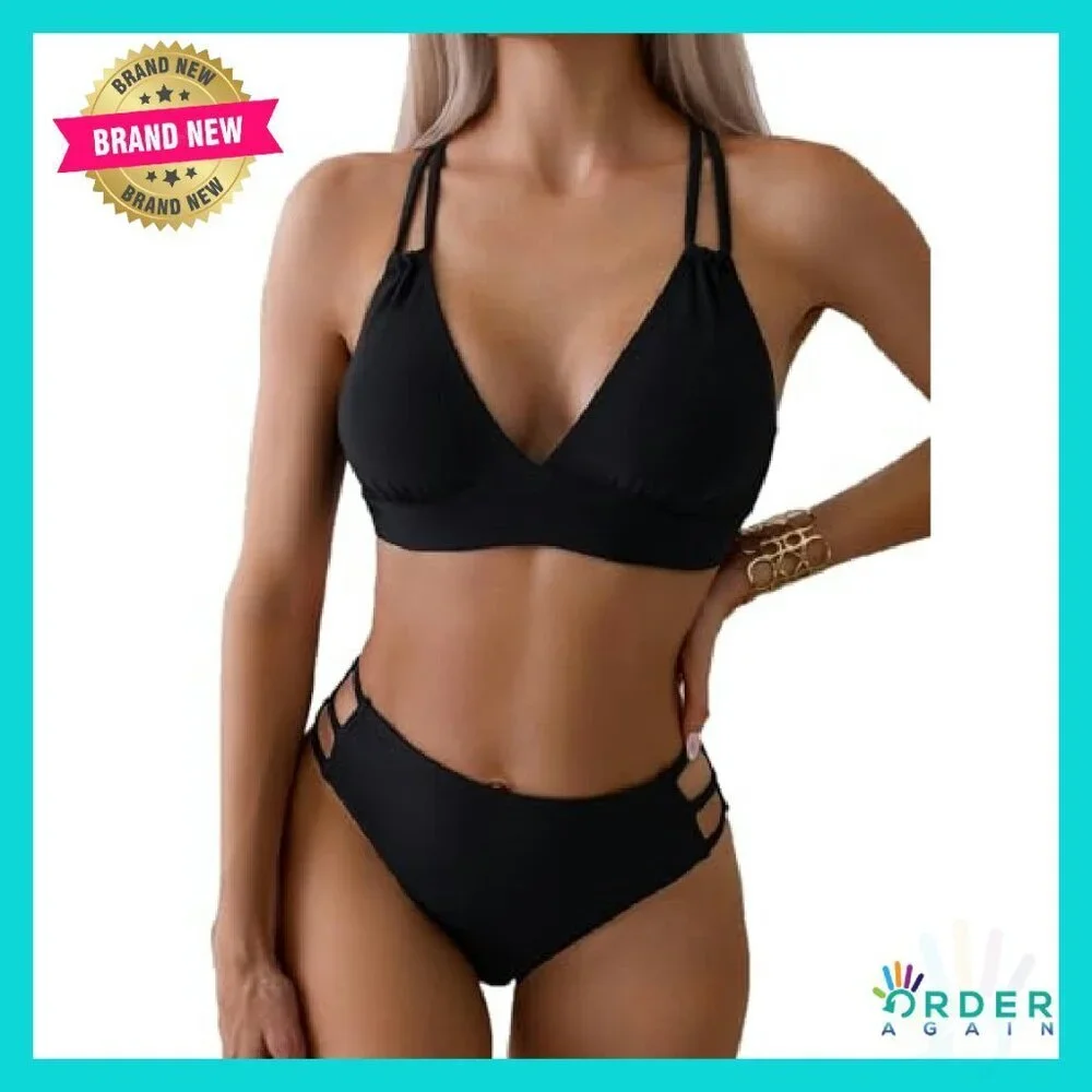Sexy V Neck Bikini Set Hollow Out Cutout Mid Waist Two Piece Swimsuit